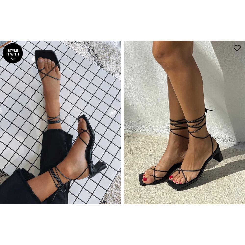 Princess Polly Callie Heels Strappy Block Heel Square Toe Sandal Black Sz 7/7.5